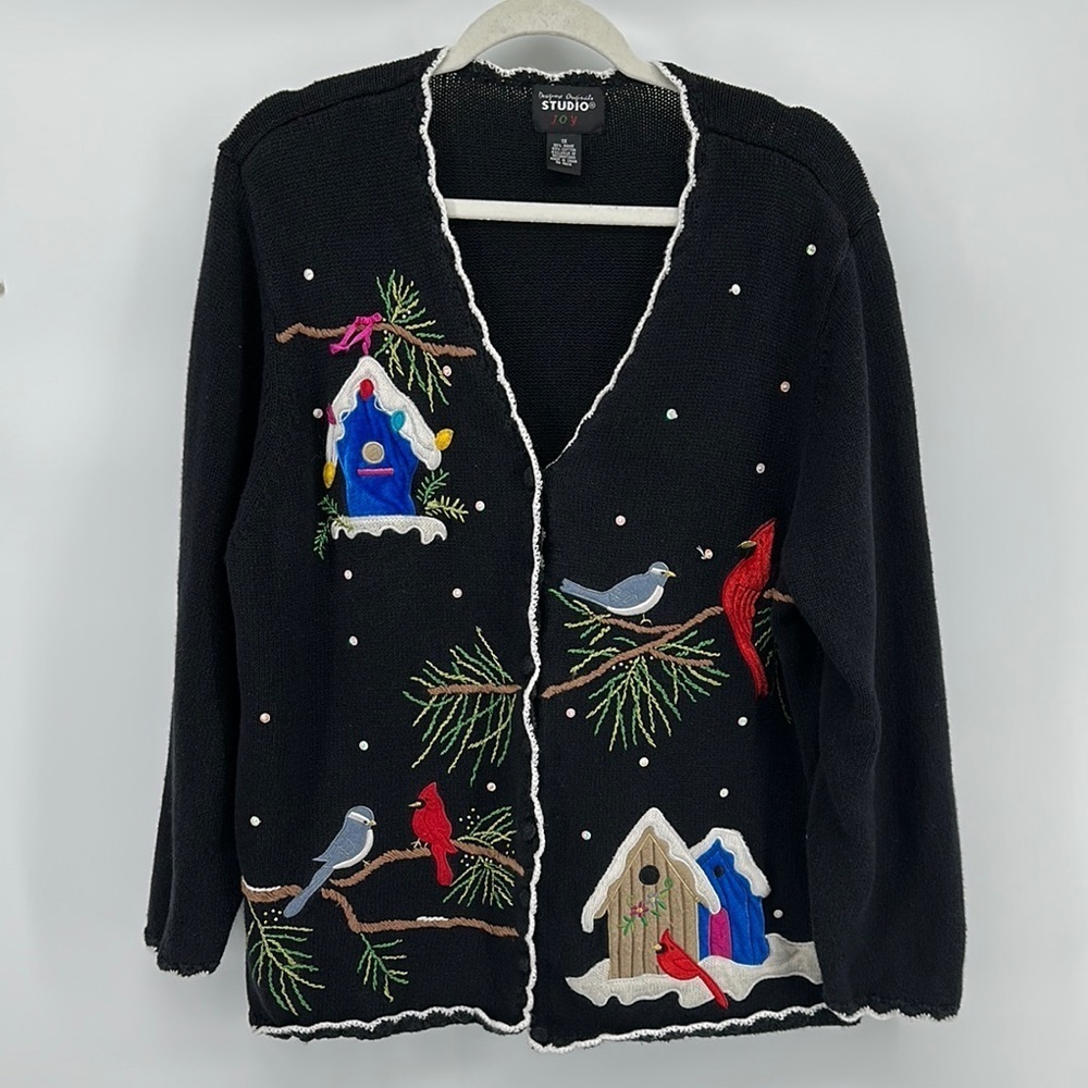 VTG Studio Black Christmas‎ Cardigan with Festive Cardinal Design Sz 1X